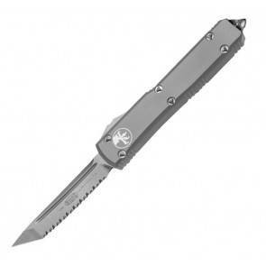 Автоматический фронтальный выкидной нож Microtech Ultratech T/E Gray Aluminum, Stonewash, Serrated CTS-204P